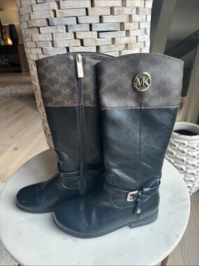 Michael Kors Black Leather Boots with Brown MK Logo Cuff